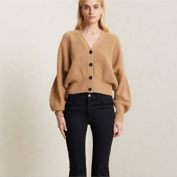 A.L.C May Ribbed Knit Slouchy V-Neck Merino Wool Cardigan Sweater in Camel - Picture 2 of 14